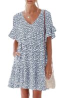 nclook Women's Summer Casual Dress Sweet & Cute V-Neck Mini Dress with Pocket Short Sleevele Ruffle Dress