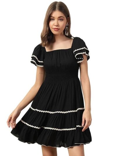 DEEBACO Solid Rayon Smocking Tiered Dress for Women's|Short Layered Bell Sleeves Square Neck Above Knee Length Dress|Summer Wear Girls Dress Western Party Casual Wear Outfits for Ladies