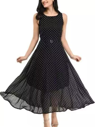 AZUREISHH Women's Sleeveless Black Polka Dot Fit & Flare Midi Dress – Belted Retro-Inspired Dress