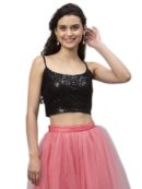 studio rasa Women's Girls Net Sequins Embroidered Spaghetti Crop Top for Wedding Party Festive