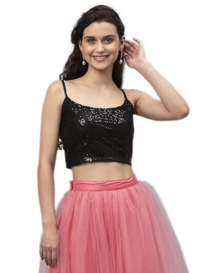 studio rasa Women's Girls Net Sequins Embroidered Spaghetti Crop Top for Wedding Party Festive