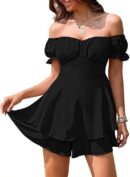 Linsery Women Boho Off Shoulder Romper Floral Print Tie Back Ruffle Hem Chiffon Short Jumpsuit