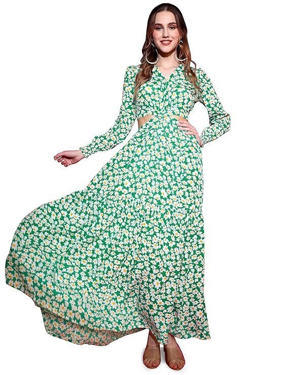 Sheetal Associates Women's Crepe Fit and Flare Printed Full Sleeve V-Neck Casual Dress