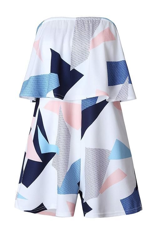 ECOWISH Women Off Shoulder Romper Strapless Floral Print Striped Beach Shorts Jumpsuit