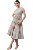 Janasya Women's Cotton Fit and Flare Midi Gown